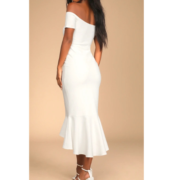 LULU'S SZ M White How Much I Care Ivory Off-the-Shoulder Midi Dress NEW B79 - Picture 2 of 9